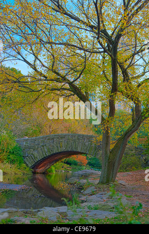 Gapstow Bridge & l'étang en automne, Central Park Banque D'Images