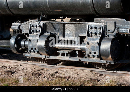 Pignons sur une locomotive Shay 1923 à Fort Missoula à Missoula, dans le Montana. Il a été le plus largement utilisé orienté locomotive à vapeur. Banque D'Images