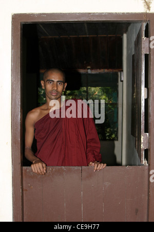 Un moine bouddhiste a l'air de derrière une porte dans un temple au Sri Lanka Banque D'Images