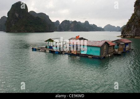 Beaucoup de gens vivent dans de petites communautés de maisons flottantes parmi les spectaculaires falaises de calcaire de la Baie d'Halong au Vietnam du Nord. Banque D'Images