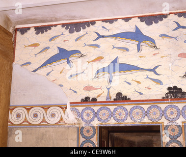 Fresque des dauphins, Bath Hall, Palais Minoen de Knossos, Rethymnon (Rethymno), Région de Rethymnon, Crète (Crète), Grèce Banque D'Images