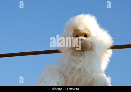 Singe en peluche blanche touffue poupée sur fond de ciel bleu Banque D'Images