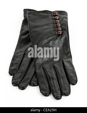 Cuir Noir Paire de gants femme isolé sur fond blanc Banque D'Images
