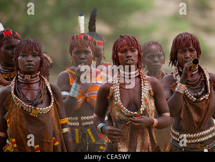 Célébrer les femmes Hamer Bull Jumping cérémonie par des danses rituelles et de la musique traditionnelle de la vallée de l'Omo en Ethiopie Banque D'Images