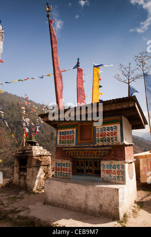 L'Inde, de l'Arunachal Pradesh, Dirang, roues de prière bouddhiste à côté de route pour protéger les voyageurs de Sela Pass Banque D'Images