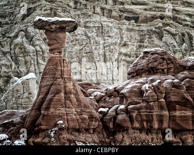 Hodoos avec neige au Toadstool formation en escalier Escalante National Monument (Utah) Banque D'Images