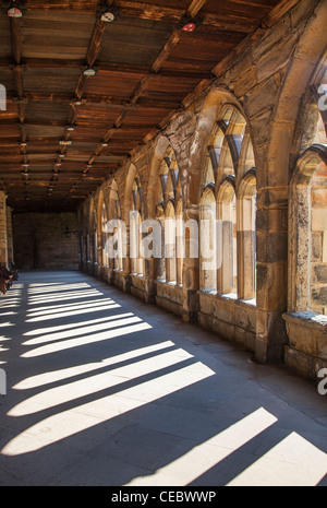 Cloître de la cathédrale de Durham, Durham, Angleterre avec des ombres en forme d'arc Banque D'Images