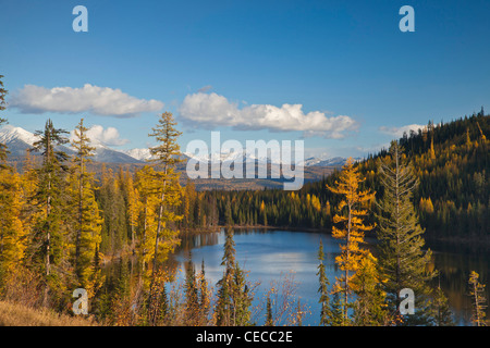 Marshall Lake en automne dans la Mission montagnes avec les sommets enneigés en arrière-plan la gamme Swan dans la Lolo NF, Montana, USA Banque D'Images