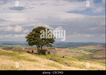 Vevey, ferme en ruine sur ruine Pennine moors à distance au soleil (Wuthering Heights ?) & les gens assis - près de Haworth, West Yorkshire, England, UK Banque D'Images