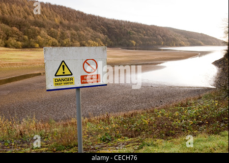 Faible niveau d'eau après la sécheresse de l'été sec et les signaux d'avertissement de danger (baignade en eau profonde) - ironique - Réservoir Bois Lindley, North Yorkshire, Angleterre, Royaume-Uni. Banque D'Images