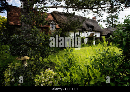 Chaumière blanche dans un jardin verdoyant Banque D'Images