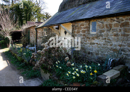 Un très vieux chalet sur la Gt Tew Domaine avec un sol carrelé et d'un toit de chaume Banque D'Images