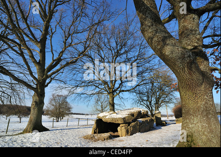 Le Grand Dolmen de Wéris, un portail mégalithique tombe de la neige en hiver, Ardennes, Luxembourg, Belgique Banque D'Images