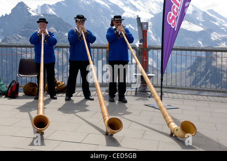 Close up portrait of horizontal de trois hommes Suisse vêtements traditionnels à jouer du cor des Alpes avec les Alpes Suisses derrière eux. Banque D'Images