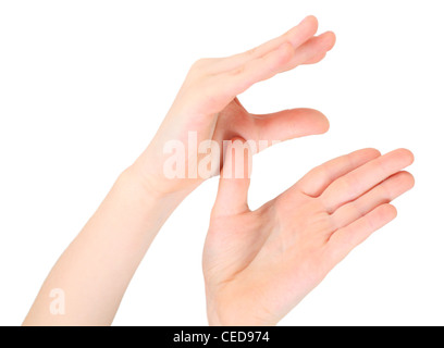 Les mains d'enfant représente lettre E de l'alphabet Banque D'Images