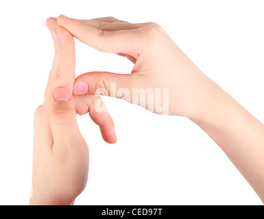 Les mains d'enfant représente la lettre R de l'alphabet Banque D'Images