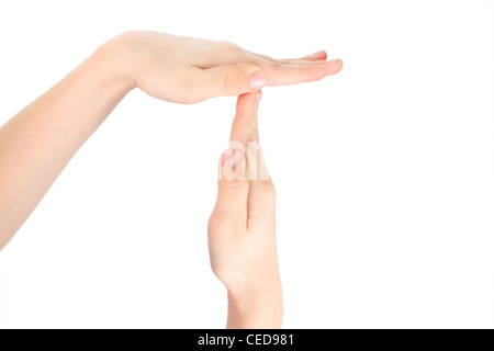 Les mains d'enfant représente la lettre T de l'alphabet Banque D'Images