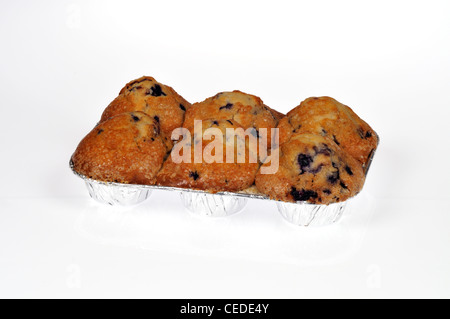 Boîte de 6 muffins aux bleuets frais supermarché sur fond blanc dentelle USA Banque D'Images