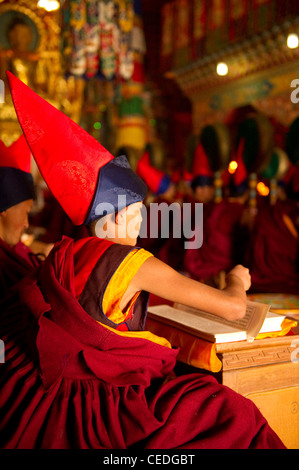 Les moines chantant des prières à l'intérieur d'un monastère le Losar, le Sikkim, Inde Banque D'Images