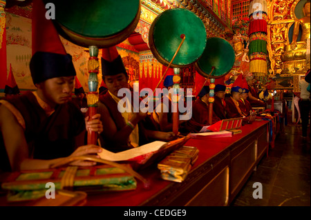 Des moines bouddhistes à jouer de la batterie dans un Losar cérémonie, Sikkim, Inde Banque D'Images