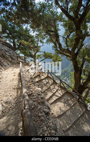 Jeune femme en ordre décroissant le Xyloscali raide sentier dans les gorges de Samaria en Crète de l'ouest du sud Banque D'Images