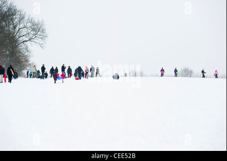 Un certain nombre de personnes au sommet d'une colline dans la neige avec leurs enfants et des traîneaux profitant de la chute de neige fraîche dans l'Essex, au Royaume-Uni. Banque D'Images