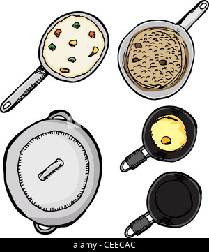 Top-view de casseroles avec des aliments isolated over white Banque D'Images