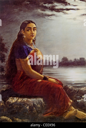 Raja Ravivarma - Peinture dame dans le clair de lune Banque D'Images