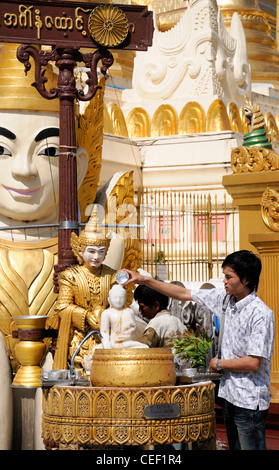 Fervent pèlerin pour verser de l'eau décisions offrant une statue de bouddha bouddhisme planète de la pagode Shwedagon à Yangon Myanmar Birmanie Rangoon Banque D'Images