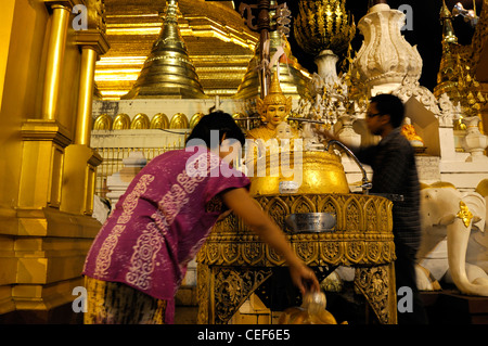 Fervent pèlerin pour verser de l'eau faisant offrande à la statue de Bouddha de la pagode Shwedagon post planétaire myanmar nuit nuit Banque D'Images