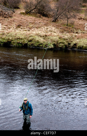 L'homme à la pêche au saumon dans la rivière Oykel, Sutherland, Scotland, UK Banque D'Images