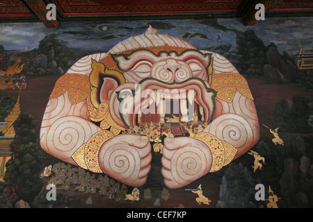 Des fresques murales représentant le Ramakien dans un cloître (Temple du Bouddha d'Émeraude) Wat Phra Kaew, le Grand Palais de Bangkok. La Thaïlande. Banque D'Images