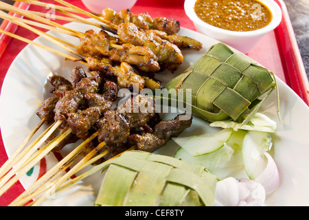 Brochettes Satay de poulet et d'agneau avec sauce aux arachides et riz Ketupat Banque D'Images