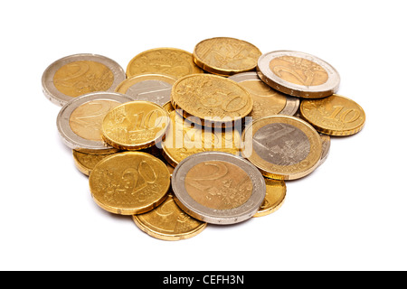 Pièces en euros, Euros sur fond blanc Banque D'Images