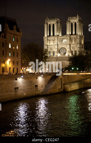La cathédrale Notre Dame de Paris sur l'Île de la Cité, berceau de Paris en Seine, illuminé la nuit Banque D'Images
