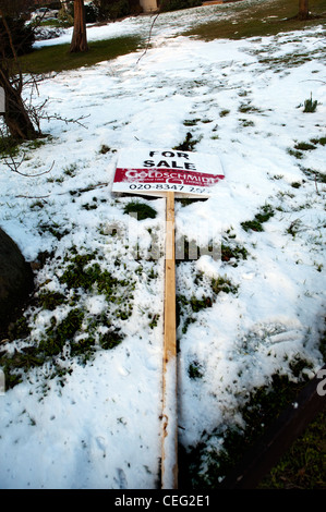 For sale sign diminué au cours de la neige Banque D'Images