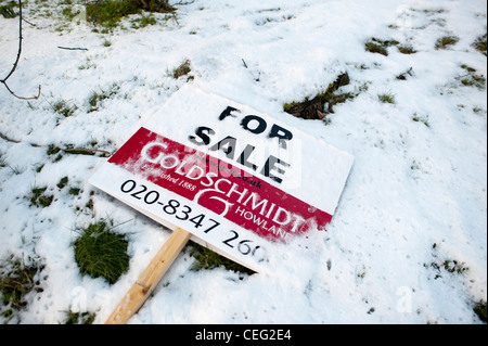 For sale sign diminué au cours de la neige Banque D'Images