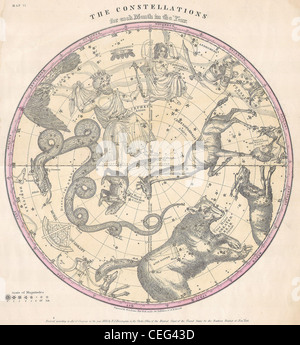 Burritt 1856 Huntington / Carte de l'étoile et des constellations de l'hémisphère Nord Banque D'Images