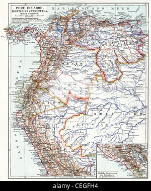 Carte du Pérou, Équateur, Colombie et Venezuela. Banque D'Images