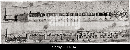 Premier transport de passagers en Europe, 1830, George Stephenson a locomotive à vapeur sur la ligne de Liverpool à Manchester. Banque D'Images