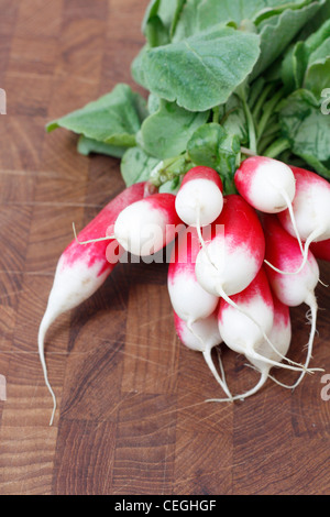 Un bouquet de radis sur un fond de bois Banque D'Images
