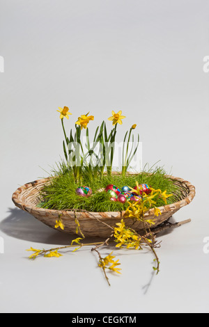 Joyeuses Pâques traditionnelles œufs enveloppés de chocolat dans un panier complet avec des bonbons sucrés découpe isolée découpée sur le fond blanc aux États-Unis haute résolution Banque D'Images