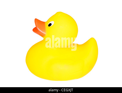 Canard en plastique jaune classique avec un fond blanc. Banque D'Images