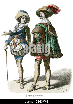 Un couple de cavaliers français dans la mode du 17e siècle Banque D'Images