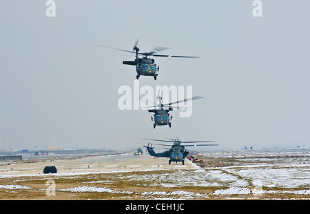 Les hélicoptères UH-60 Black Hawk de la 1st Air Cavalry Brigade, Division de cavalerie, s'écarter de la ligne de vol ici, 13 février. La 1st Air Cavalry Brigade est actuellement en charge du fonctionnement de l'aviation américaine dans le commandement régional Nord et est de fournir un appui aérien aux forces terrestres de la coalition. Banque D'Images