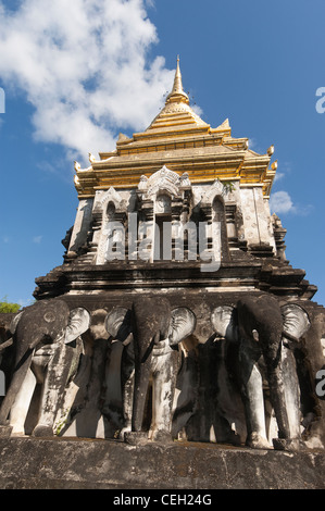 Elk208-1451v Thaïlande, Chiang Mai, le Wat Chiang Man, Chang Lom chedi, statues d'éléphants Banque D'Images