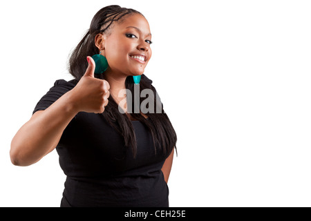 Portrait of happy smiling black woman making Thumbs up, isolé sur fond blanc Banque D'Images