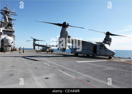 Marines et marins déchargent du matériel amené à bord de l'USS Wasp par deux MV-22B Ospreys de Marines avec le Marine Medium Tiltrotor Squadron 266 afin de soutenir l'exercice Bold Alligator 2012, janvier 30. Cet exercice, le plus important exercice amphibie maritime des 10 dernières années, représente la revitalisation de la gamme complète des opérations amphibies par la Marine et le corps des Marines. L’exercice se concentre sur la lutte d’aujourd’hui avec les forces d’aujourd’hui, tout en présentant les avantages des services de séduisant. Cet exercice aura lieu du 30 janvier au 28 février 12, 2012 afloat et à terre en Virginie et en Caroline du Nord. Banque D'Images