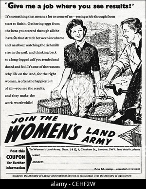 Annonce initiale du gouvernement en 1940, époque de la publicité magazine WOMEN'S LAND ARMY Banque D'Images