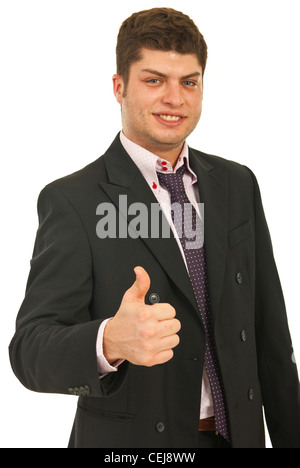 Smiling young business man giving thumb up isolé sur fond blanc Banque D'Images